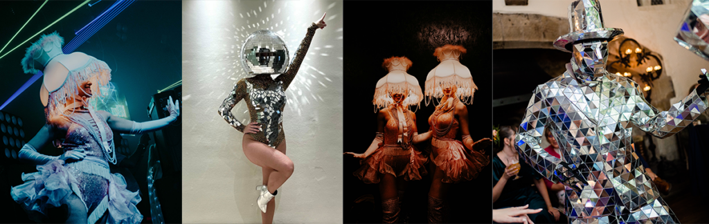 Walkabout Acts for Diwali and Winter Events - Lampshade Ladies, Disco Ball Heads, Mirror Dancers